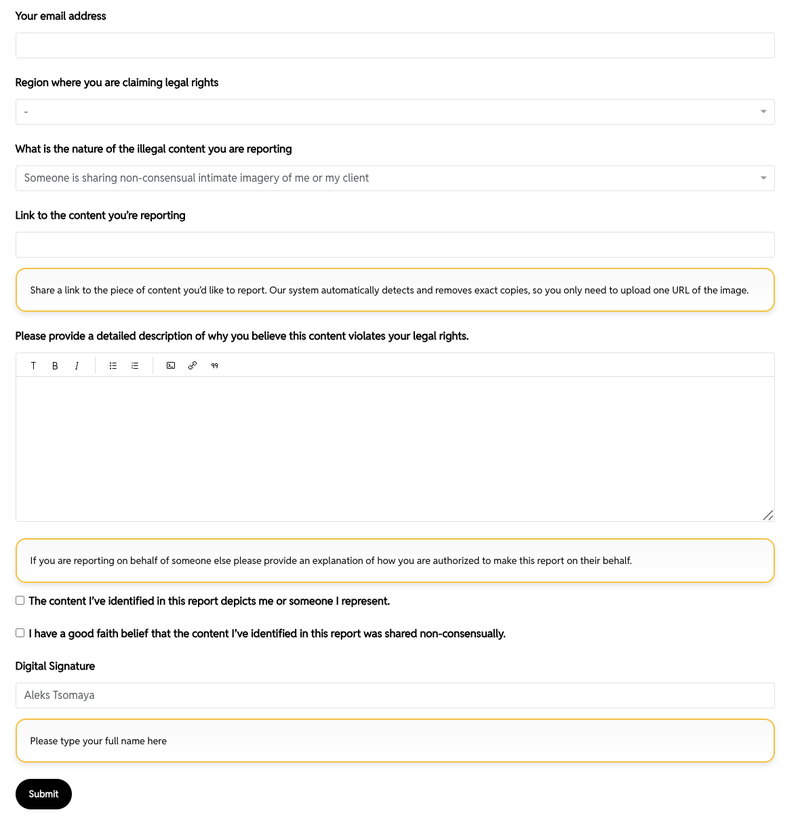 Полная форма жалобы Reddit на интимные материалы без согласия со всеми полями