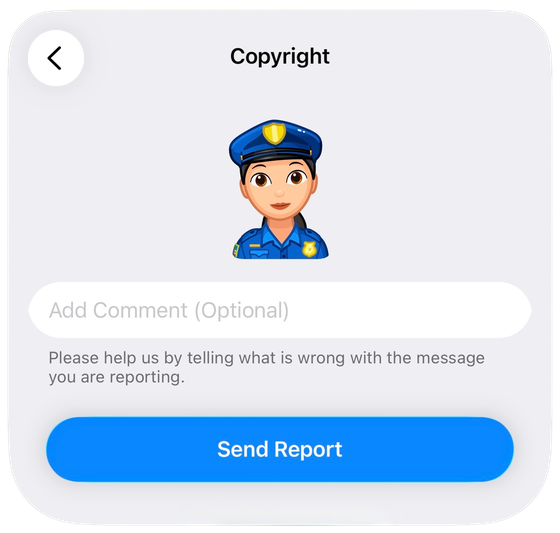 Экран жалобы на нарушение авторских прав в Telegram с полем для комментария и кнопкой «Отправить жалобу» (Send Report)
